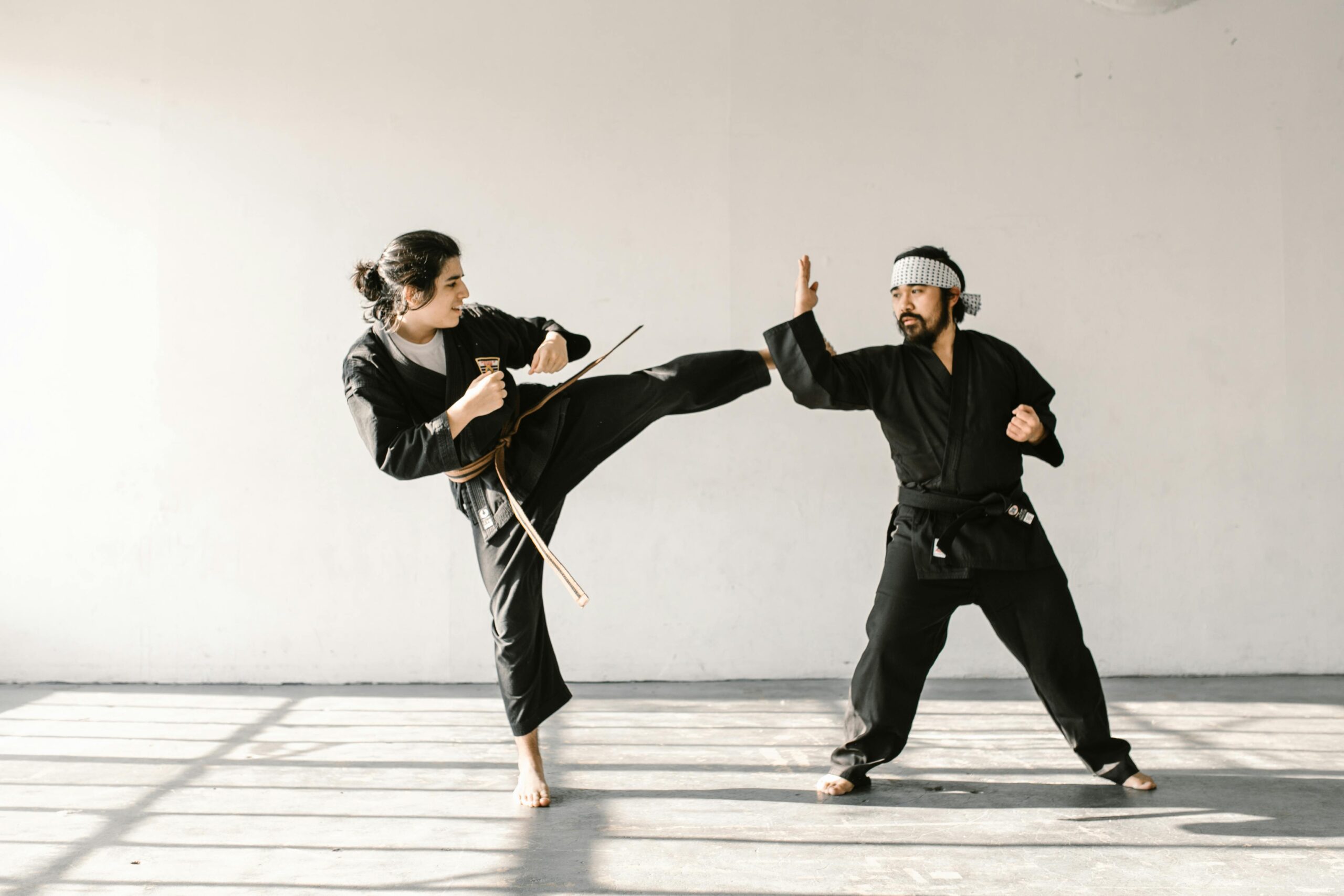 Martial artists practicing dynamic techniques in a well-lit dojo.